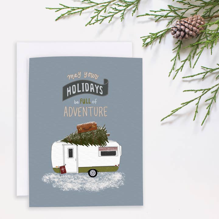 May Your Holidays be Full of Adventure Christmas card for wholesale by Rachel Alvarez Art
