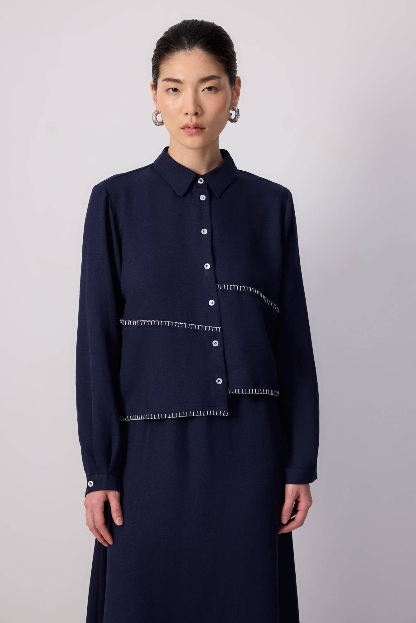 Navy Blue MODEST SHIRT & MAXI SKIRT SET WITH CONTRAST STITCHING for wholesale on Faire1
