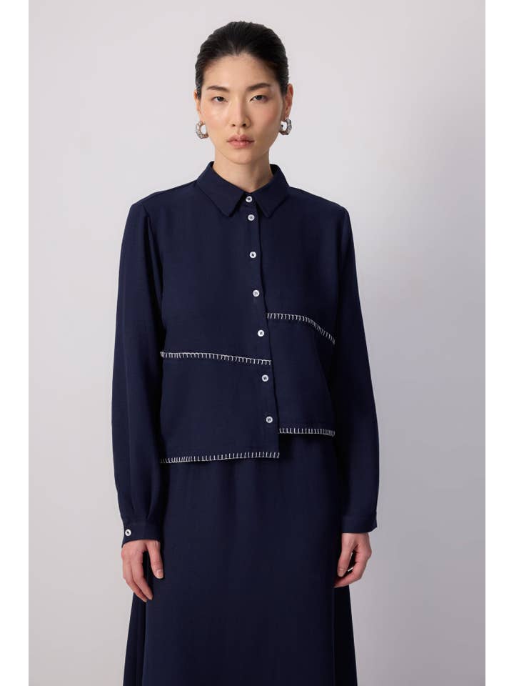 Navy Blue MODEST SHIRT & MAXI SKIRT SET WITH CONTRAST STITCHING for wholesale on Faire1