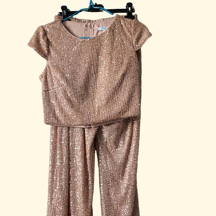 Märke Set Paljett Byxor och Topp Dam för Fest Ceremoni Stil Paljett Rosa Storlek S & L Stängning Rygg Topp Elastisk Byxa Utsvängd för wholesale av Queenshopbeauty