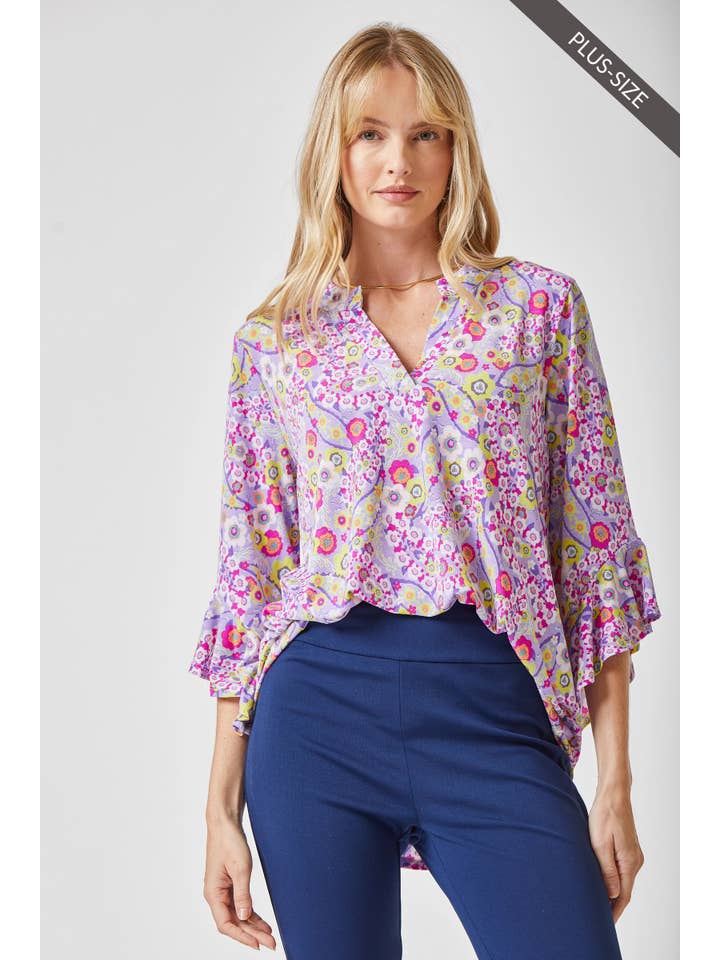 Lavender PLUS SIZE Printed Beautiful Blouse With Lizzy Neckline for wholesale on Faire
