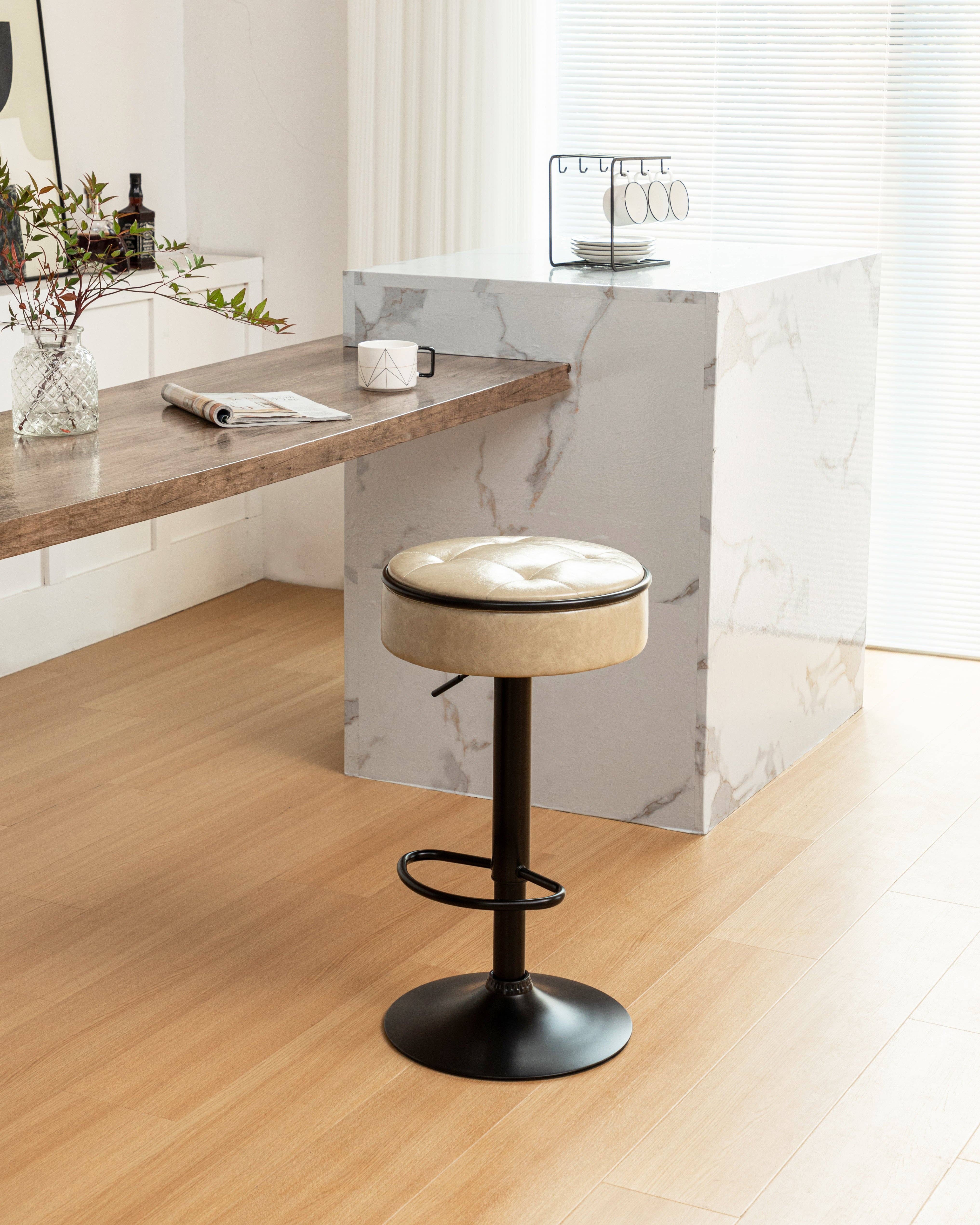 Orange County Decor - Wholesale Stool - Round Storage Bar Stool Set Of 2, Khaki Faux Leather Height Adjustable Barstool, 360 Counter Height Swivel Stool, Armless Bar Chair With Metal Frame For Kitchen Counter Dining Living Room Khaki Set15