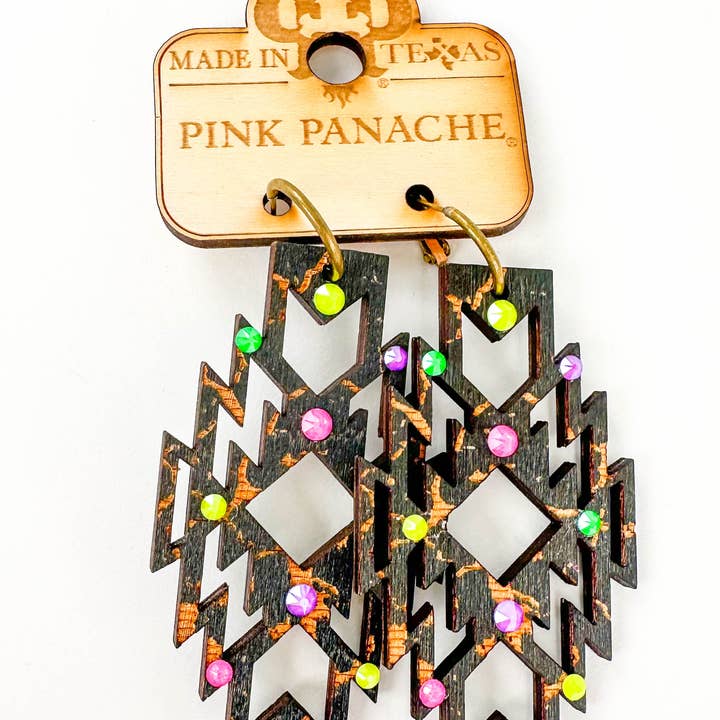 Pink Panache Brands – wholesale Dangle earrings – Wood Aztec shape earring with Austrian crystals