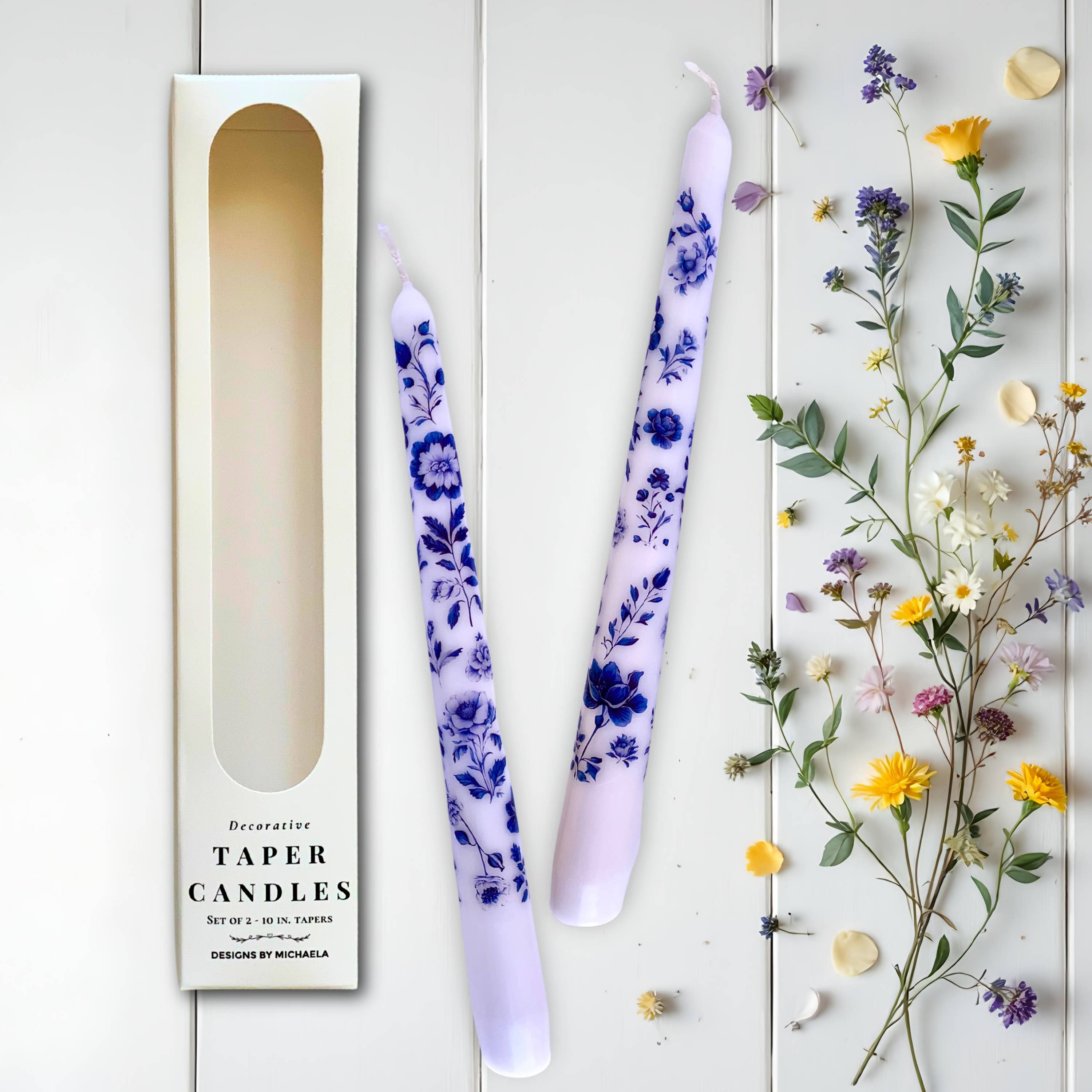 Designs by Michaela - Wholesale Tapered Candle/Candlestick - Blue Floral Chinoiserie Taper Candles for Decor and Gifts0