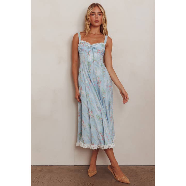 BLUE FLORAL PRINT FLOWY MAXI DRESS for wholesale on Faire