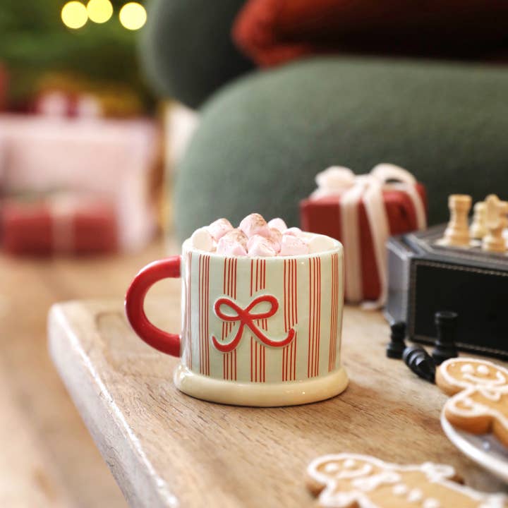Lisa Angel - Wholesale Coffee/Tea Cup - Ceramic Holly Stripe and Bow Christmas Mug