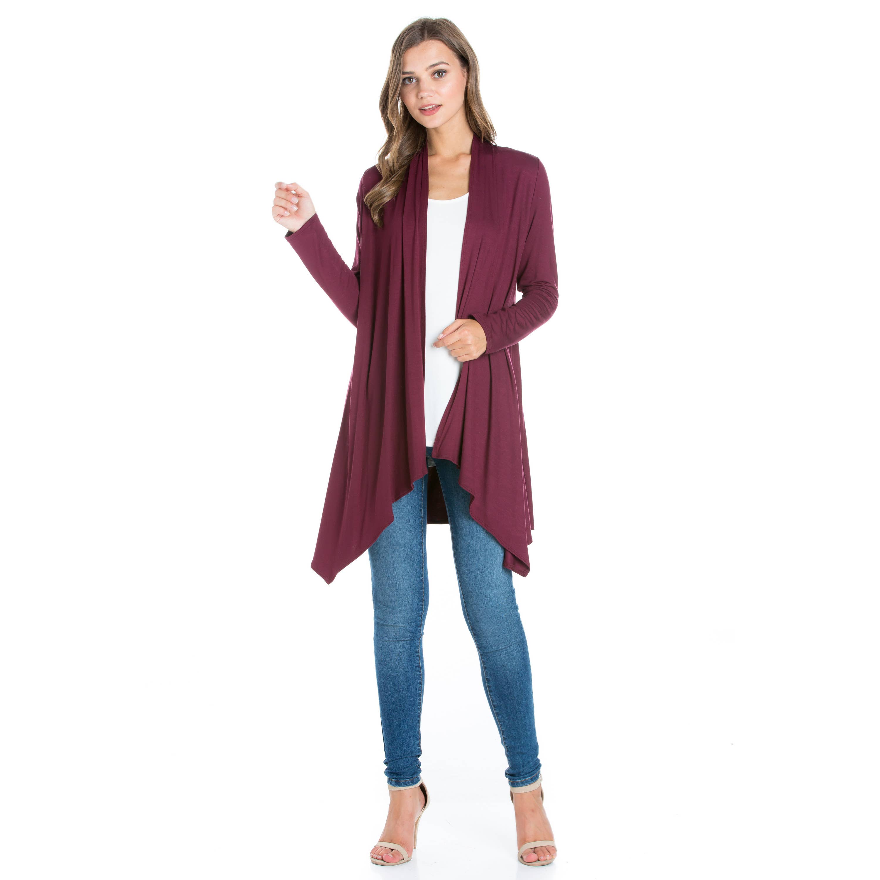 Azules Clothing – Großhandel Strickjacke – Damen – AJK-3006RS Langärmeliger Cardigan mit offenem Vorderteil und Wasserfallausschnitt24