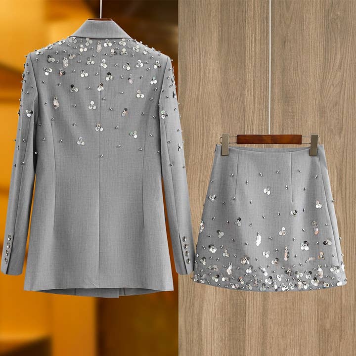 Color as pictures SET-12Y Gray Sequin Beaded Blazer and Skirt Two-Piece Suit for wholesale on Faire