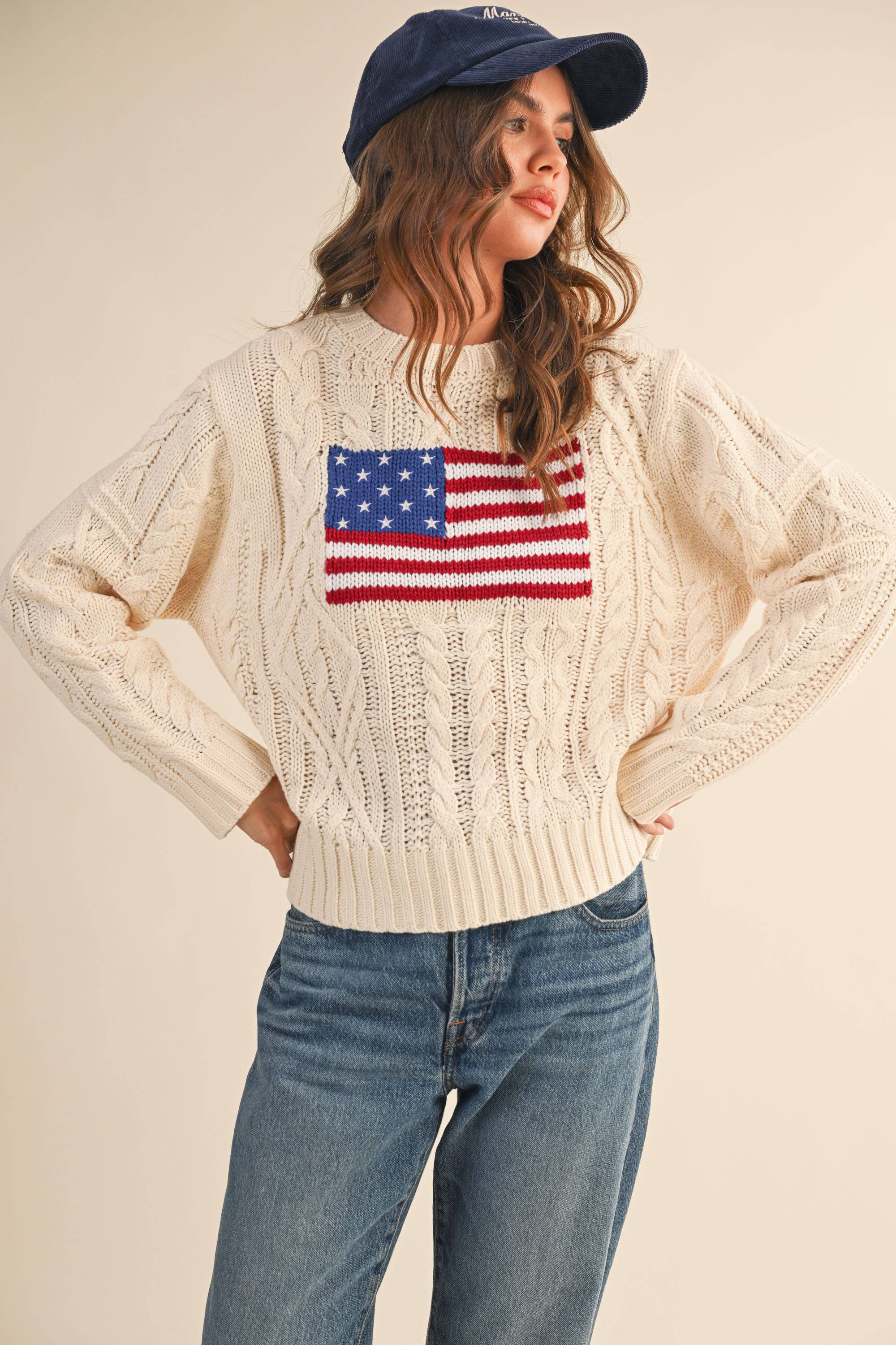 Klesis - Vente Pull en maille – femme - IT4473 PULL EN MAILLE CÂBLÉE AVEC DRAPEAU AMÉRICAIN10