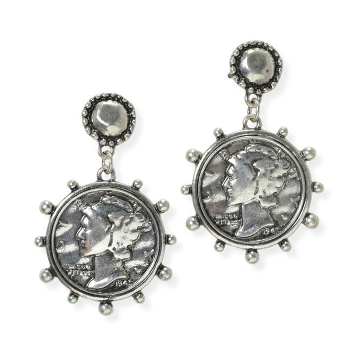 Boucle d'oreille pendante en forme de pièce Liberty gravée Western pour la vente par SOPHIA WHOLESALE