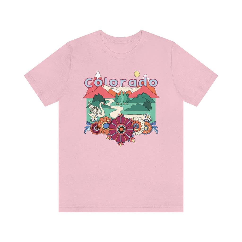 Hey Mountains - Wholesale Screen Printed T-Shirt - Women's - Colorado T-Shirt - Retro Mountain / Hippie Style Colorado Sh0