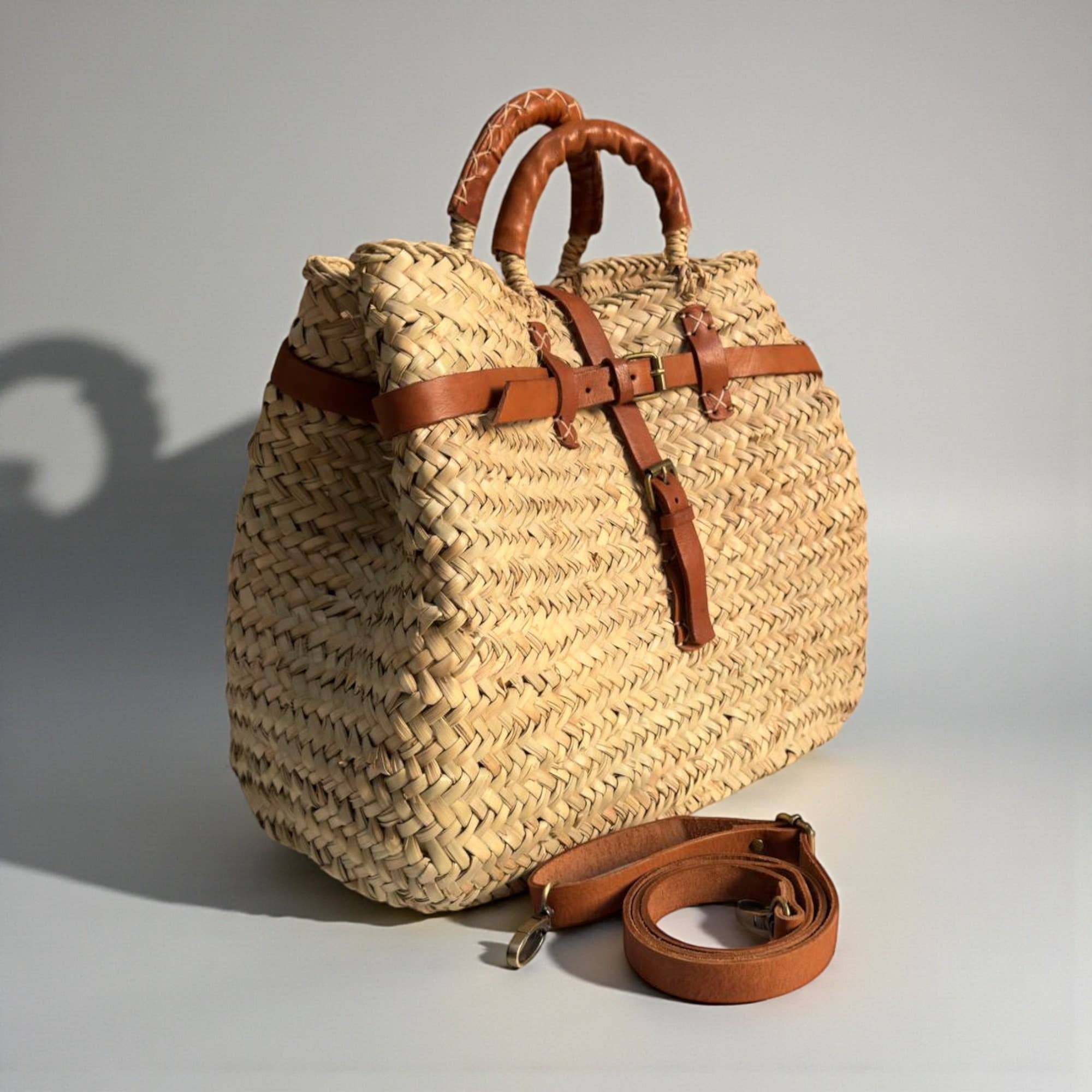 Melecraft - Wholesale Tote Bag - Women's - Woven Straw Market Basket Bag Leather Crossbody Tote2