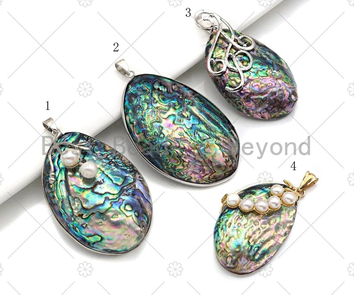 BestBeads&Beyond - Wholesale Individual Charm/Pendant - Large Natual Abalone Shell Pendant, Focal Puffy Abalone Pendant Silver Gold Finish with Pearl, Focal Abalone Charm, sku#R39
