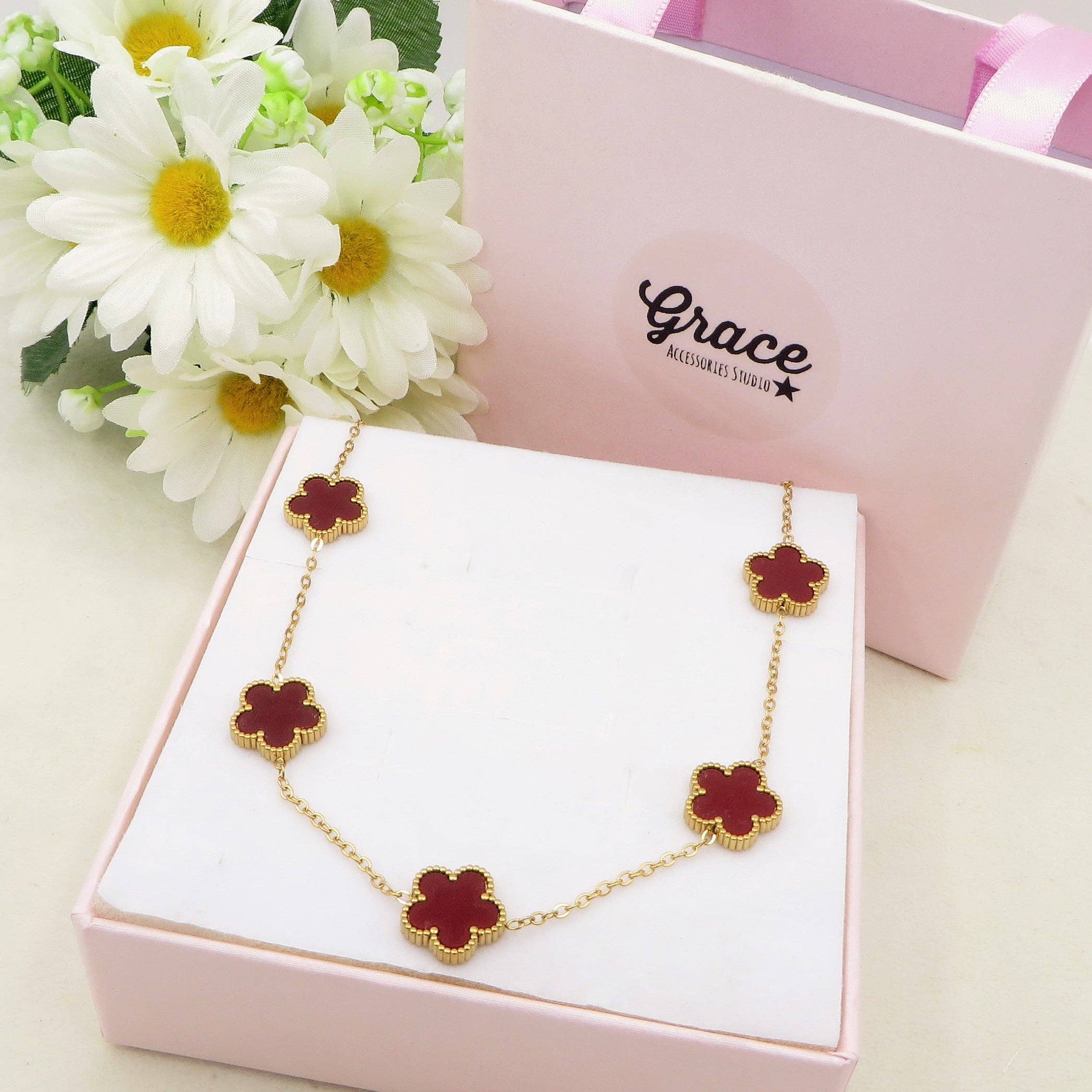 Daemon srls - Wholesale Pendant/Charm Necklace - LILY  Bordeaux ACCIAIO INOSSIDABILE ~ Collana fiori in madreperla0