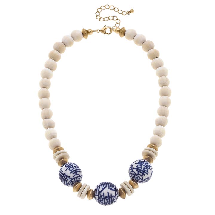 Canvas Style - Wholesale Beaded/Pearl Necklace - Hazel Chinoiserie & Painted Wood Necklace in Ivory