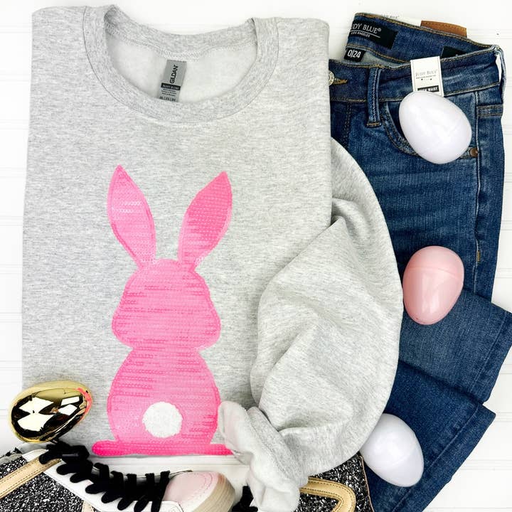 Felpa Gildan Pink Bunny Patch con paillettes per la vendita all'ingrosso da parte di Nikkilynn Wholesale