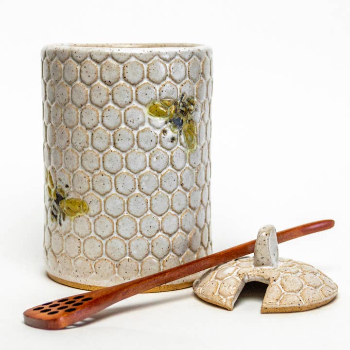 White Squirrel Clayworks – Großhandel Honigtopf – Handgefertigter weißer Keramik-Honigtopf/Glas mit Bienenmuster