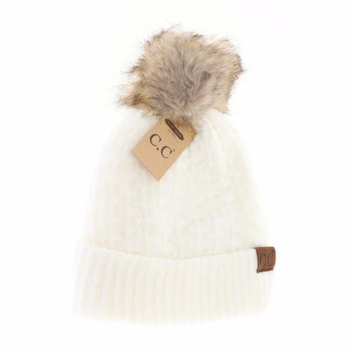 C.C Beanie - Wholesale Beanie - Women's - Solid Smocked Stitch Fur Pom C.C Beanie HAT2080