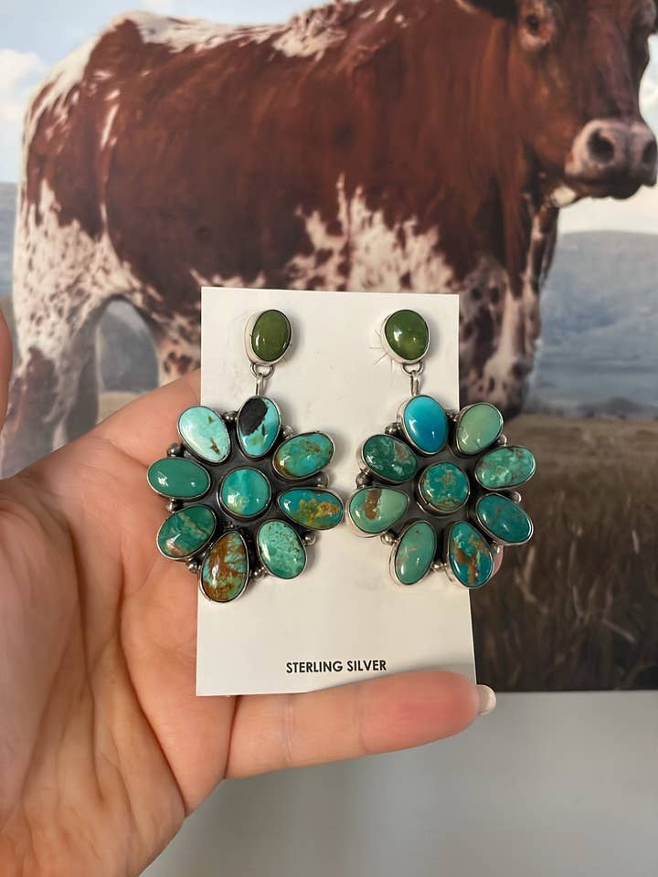 Handcrafted Sterling Silver And Multi Stone Turquoise Dangle Earrings Signed Sheila Becenti for wholesale by Nizhonitradersllc