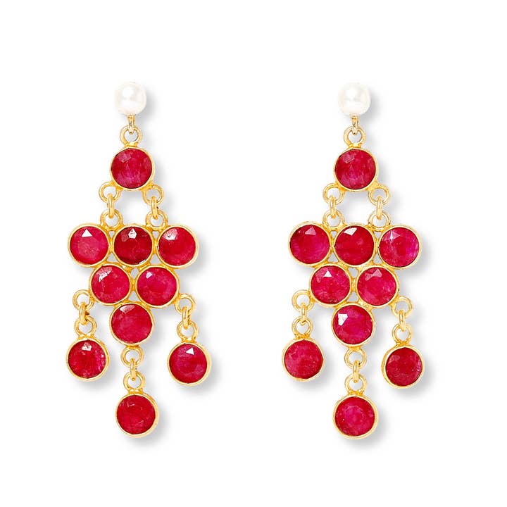 Pearl drop chandelier earrings with ruby gemstone for wholesale by Pearls of the Orient