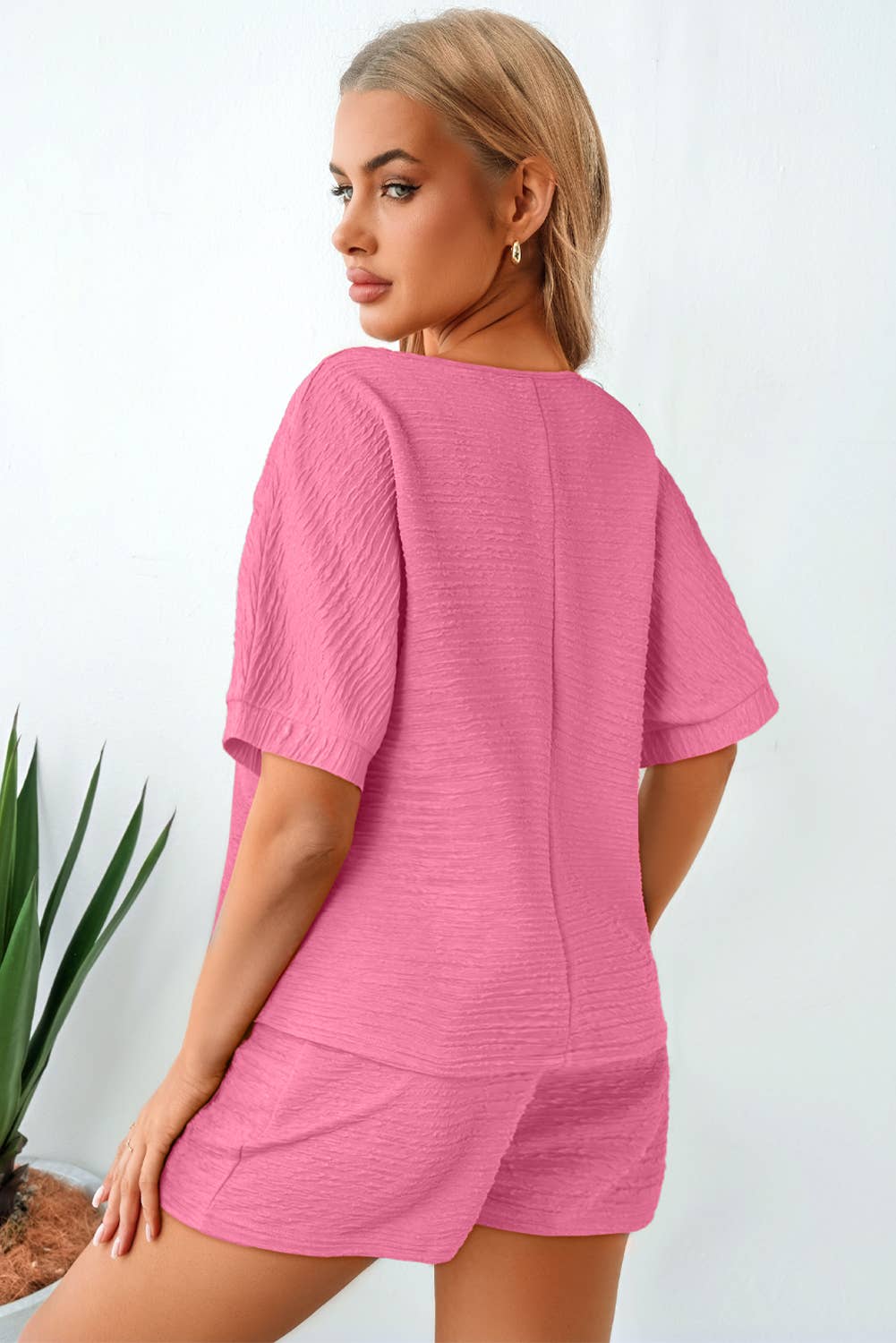 LA Society - Wholesale Lounge Set - Women's - Textured V-Neck Tee and High Waist Shorts Lounge Set5
