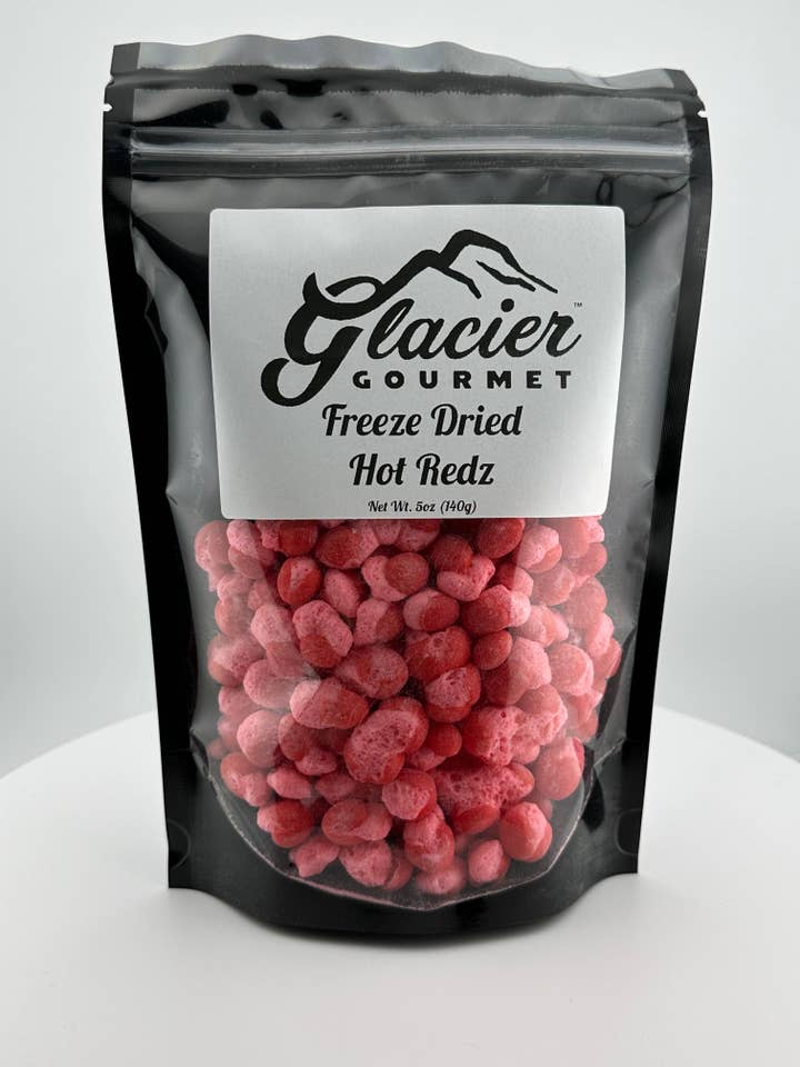 Sachet de 5 oz de Hot Redz lyophilisés pour la vente par Glacier Gourmet
