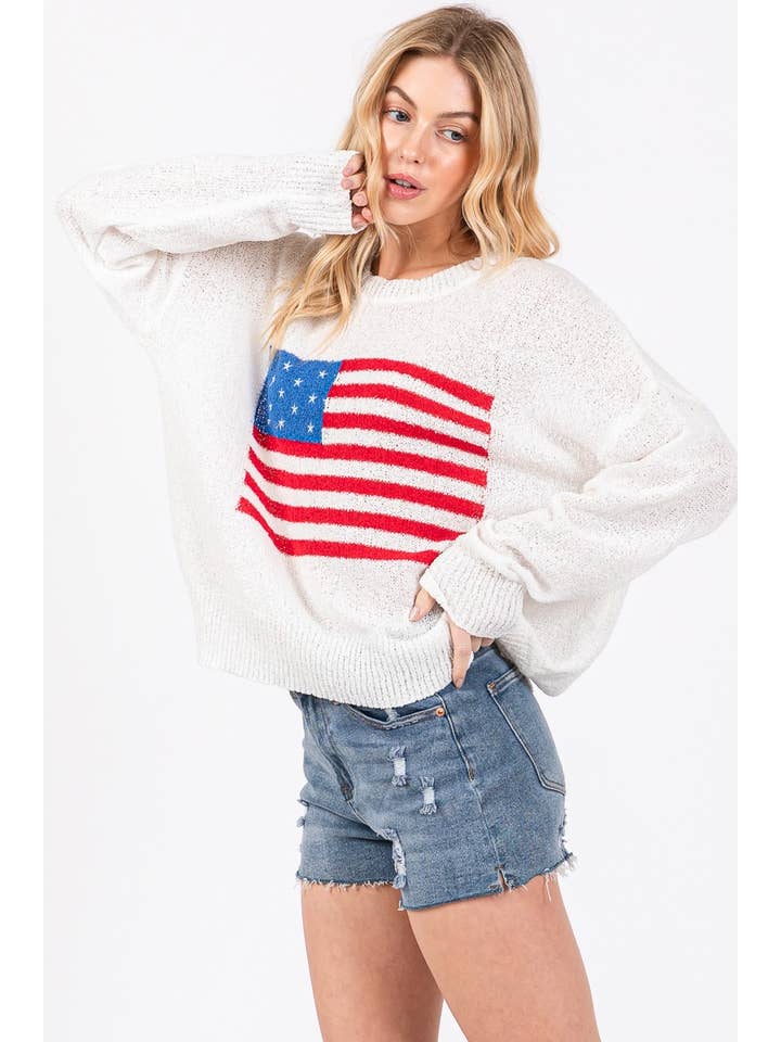 WHITE RED BLUE AMERICAN FLAG SWEATER TOP for wholesale on Faire