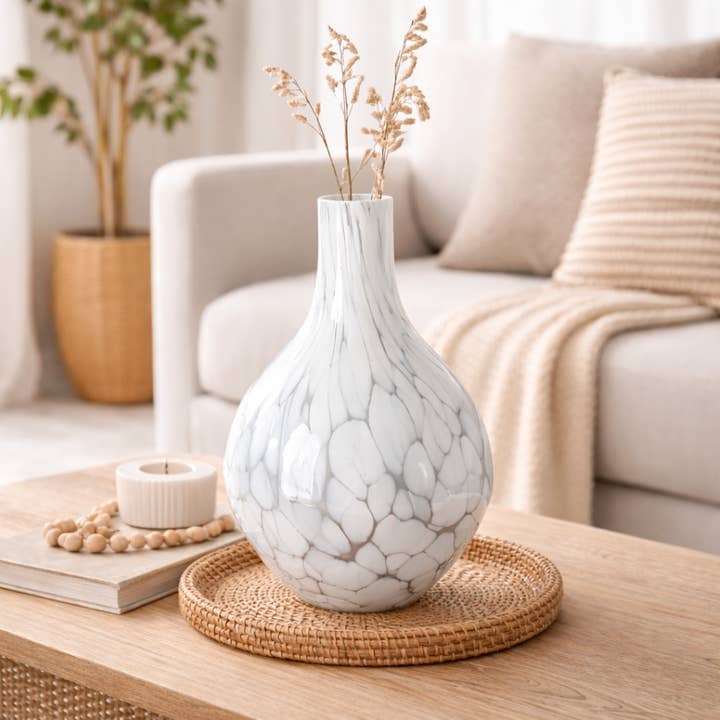 Vase | White Splutter Round Glass Vase | 8.5X13" for wholesale by ExpoBazaar