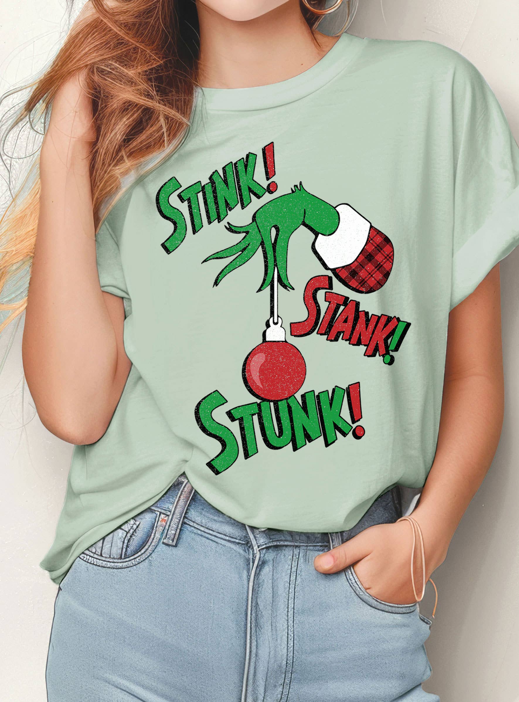 Rustee Clothing - Wholesale Screen Printed T-Shirt - Women's - STINK STANK STUNK GRINCH CHRISTMAS GRAPHIC TSHIRTS4