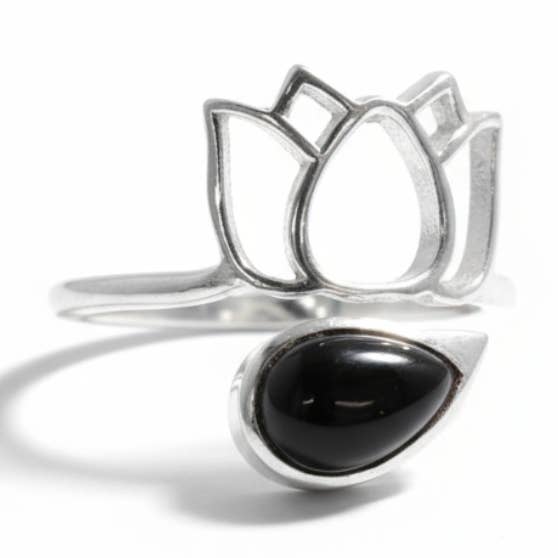 Bague réglable Obsidienne noire Mexique AA argent 925 pour la vente par La Boîte à Cailloux