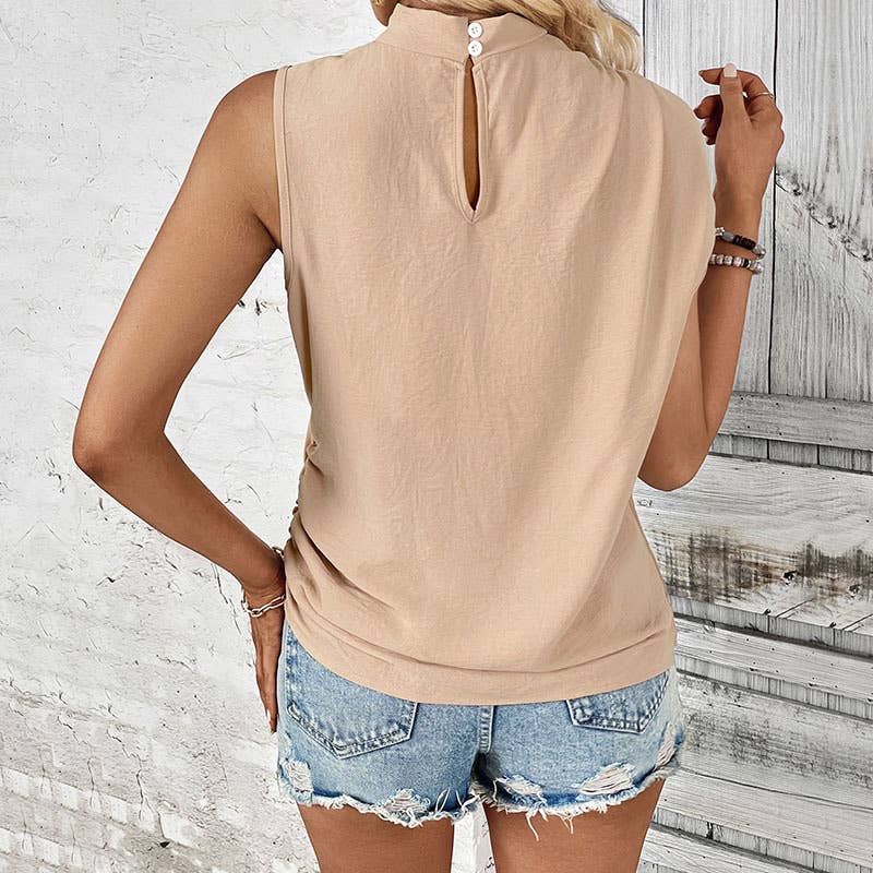 APRICOT SOLID COLOR MID-NECK SLEEVELESS BLOUSE FOR WOMEN for wholesale on Faire3