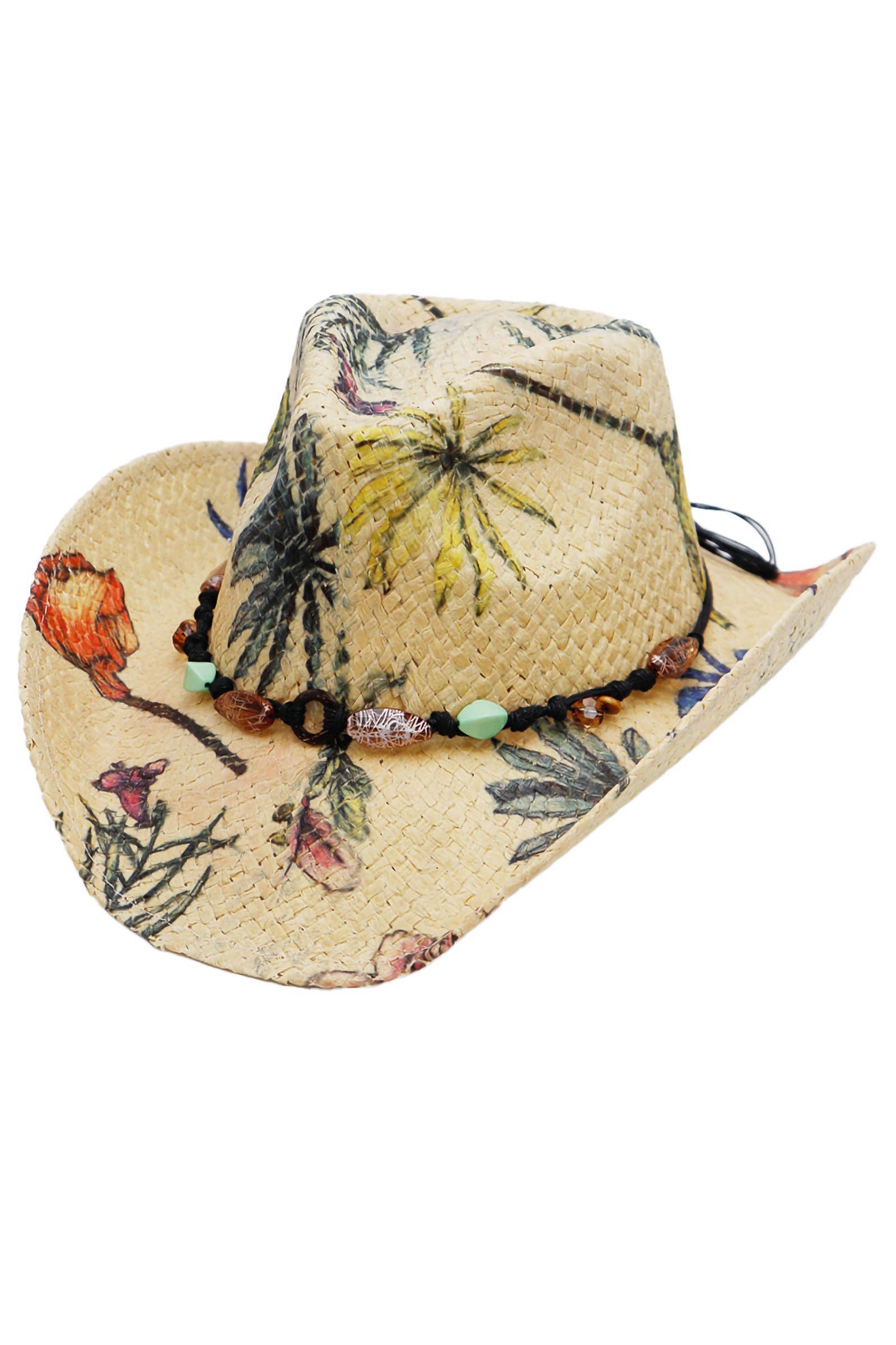 Cap Zone - Wholesale Cowboy Hat - Women's - Floral Print Raffia Paper Straw Cowboy Hat12