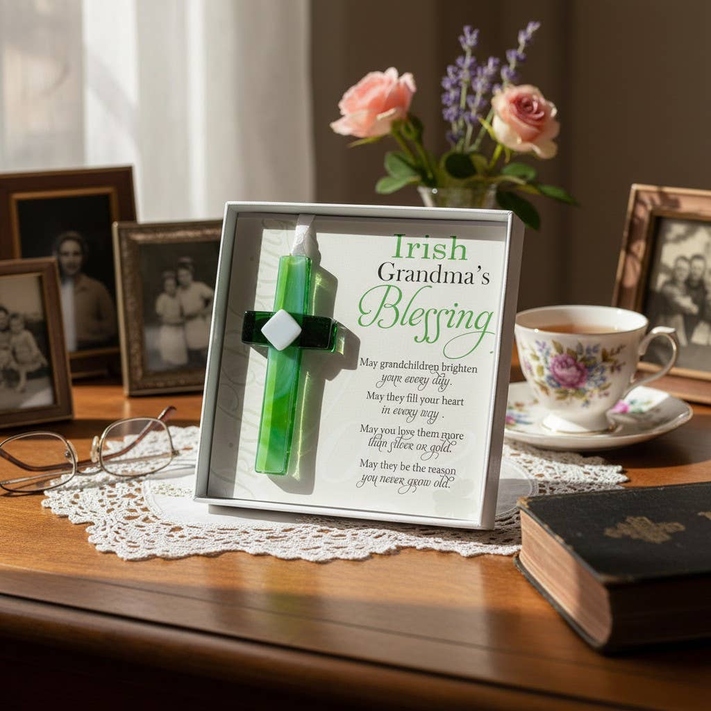 The Grandparent Gift Co. Inc. - Wholesale Decorative Tabletop Object - Irish Grandma Gift Blessing Card & USA  Glass Cross 44983