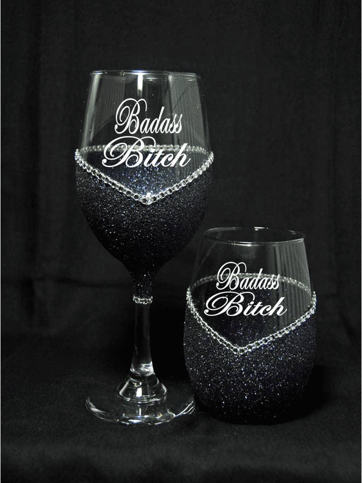 Badass Bitch – Bling Glitter Glass Wine Glass (The Bitch Collection) for wholesale by WineyBitches.Co