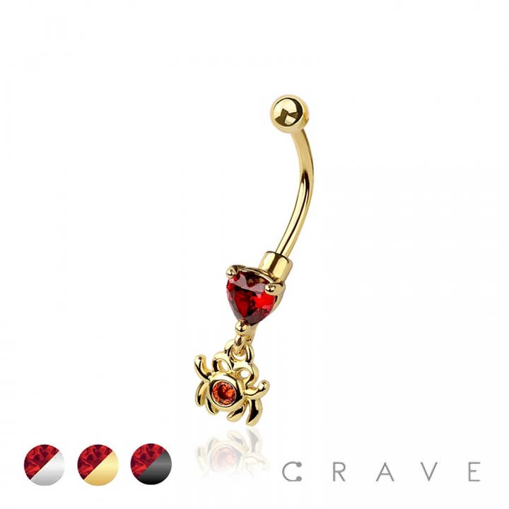 RED CZ SPIDER DANGLE HEART CZ 316L SURGICAL STEEL CURVED BAR for wholesale by CRAVE BODY JEWELRY