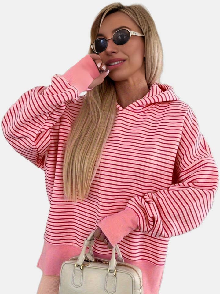 Stripe Thumbhole Side Slits Loose Fit Hoodie for wholesale by LiveFashionWay
