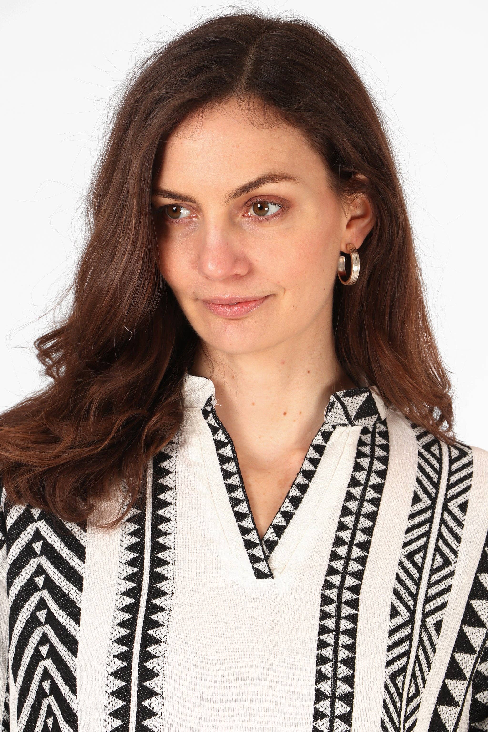 Sarta - Wholesale Dress - Women's - Striped Aztec Print Cotton Tiered Boho Mini Dress in Black1