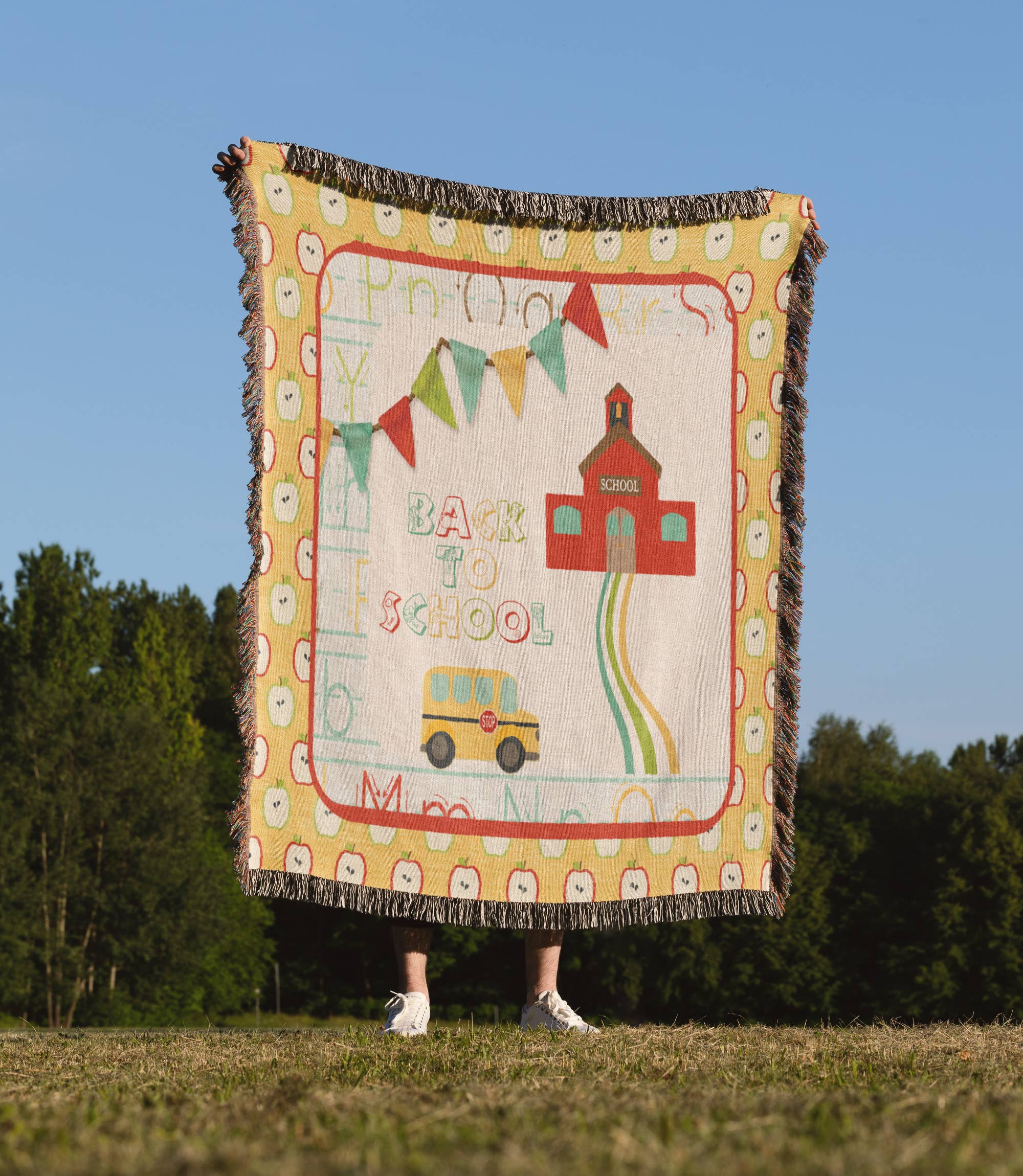 3dRose - Wholesale Throw Blanket - 3dRose, Red Old Fashion School House, Apple, Bus and Flags Back to School, Blanket1