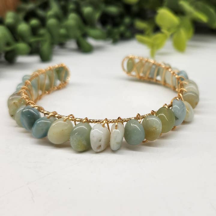 Amazonite Bangle/Cuff/WireWrapped Bracelet-18kt.Gold Overlay for wholesale by Meraki Gemstones