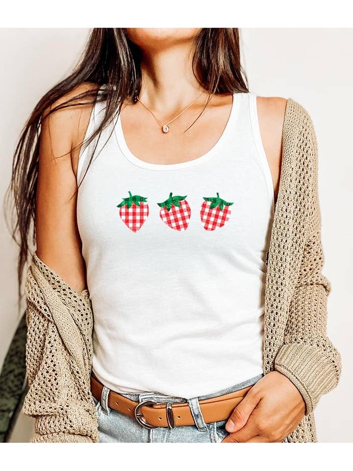 Canotta grafica a schiena scoperta a quadretti fragola per la vendita all'ingrosso da parte di COLORBEAR