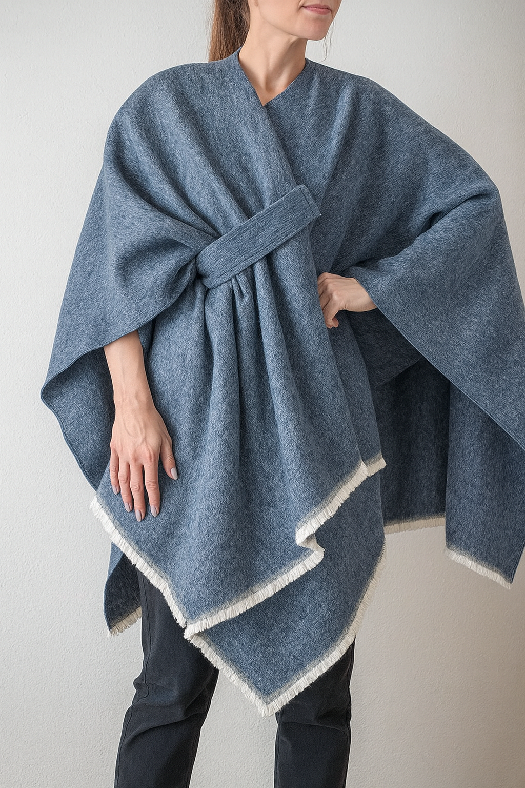 Fennco Styles - Wholesale Poncho - Women's - Navy Blue Fringe Poncho Warm Open Front Shawl Cape  0