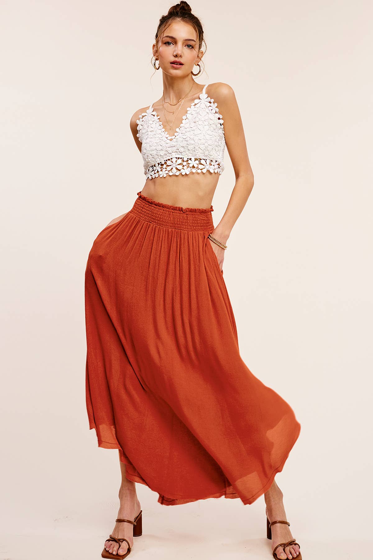La Miel - Wholesale Skirt - Women's - JAP4176-Lightweight High Rise Maxi Skirt with Side Pocket3