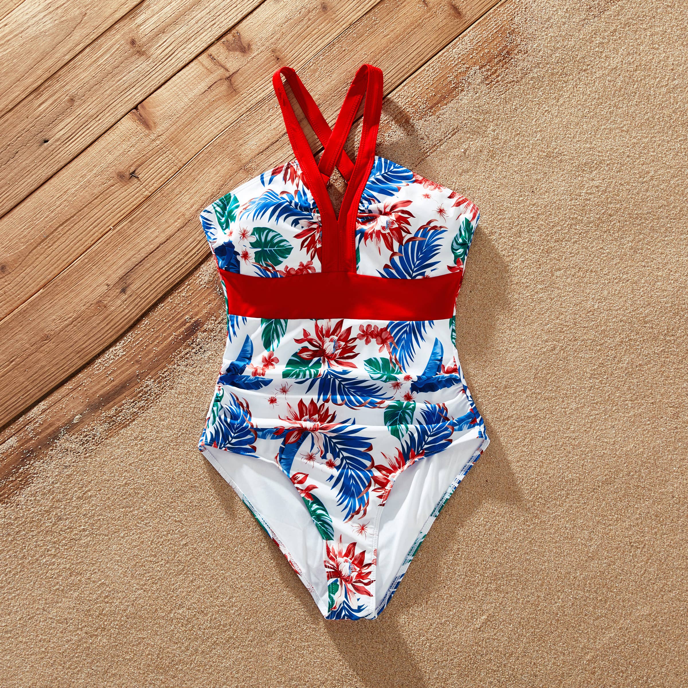 Red Matching Family Tropical Plant One-piece Swimsuit or trunks for wholesale on Faire25