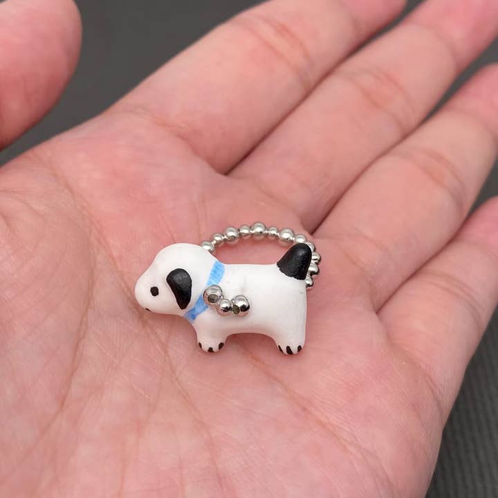 Ceramic Puppy Dog Silver Metal Beaded Elastic Ring - YK for wholesale by Mio Queena