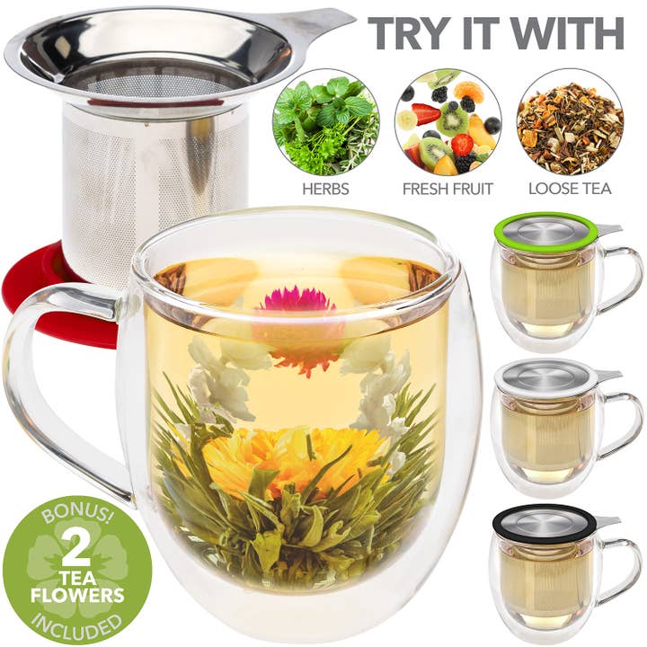 Teabloom - Wholesale Coffee Mug - Teabloom VENICE Double Wall Glass Mug with Infuser & Lid