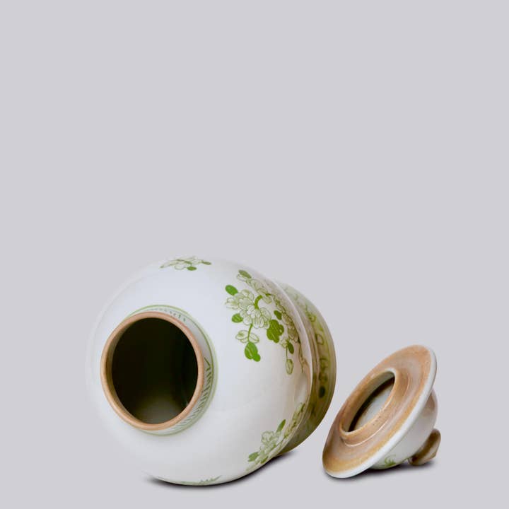 Cobalt Guild - Wholesale Decorative Jar - Medium Green and White Porcelain Bird and Flower Temple Jar