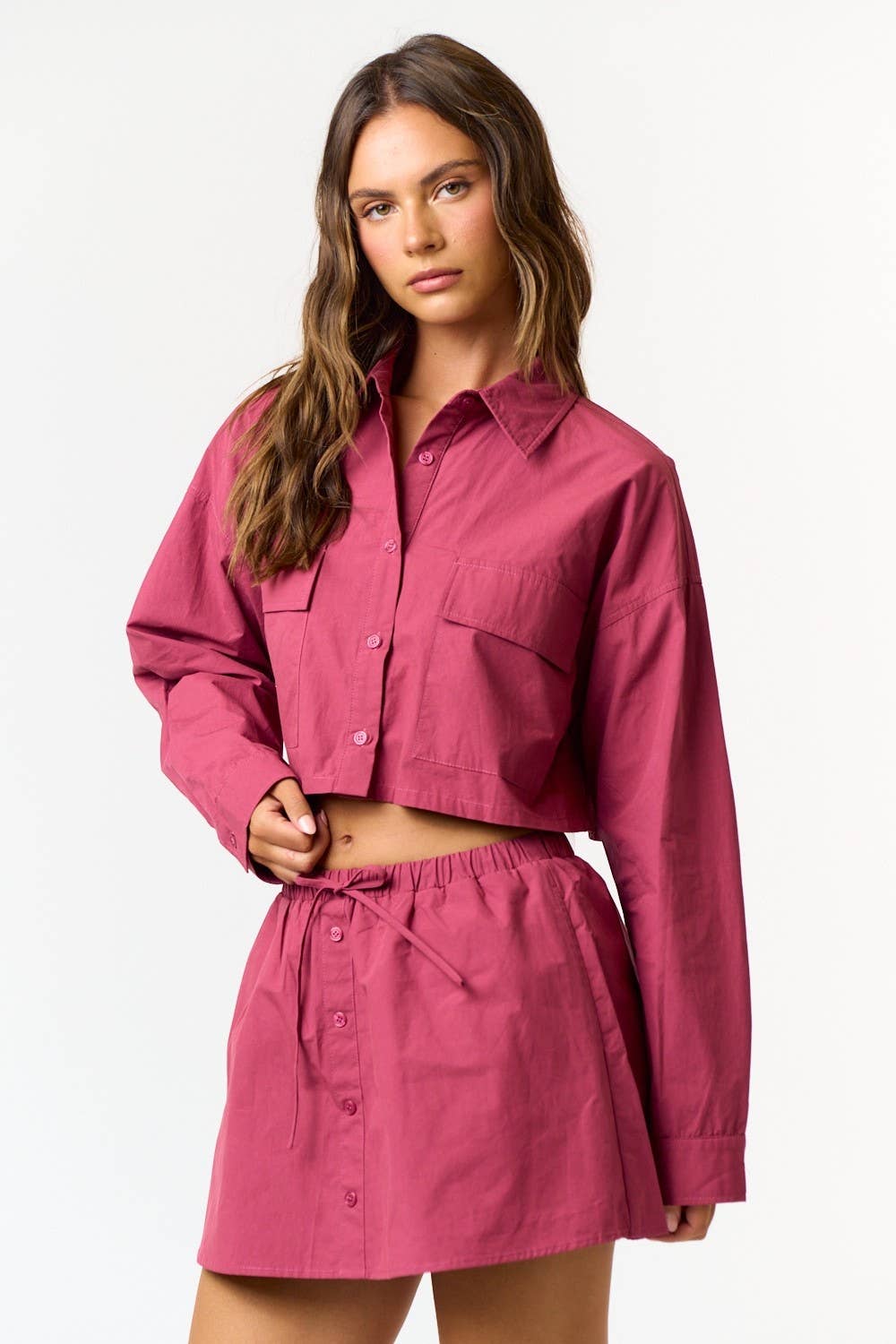 BURGUNDY Poplin Button Down Crop Shirt Jacket for wholesale on Faire1