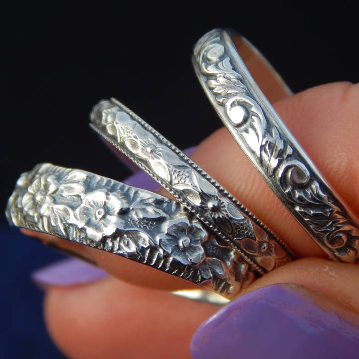 The Florals Set - Set of Three Sterling Silver Floral Bands for wholesale by Violet Moon Jewelry