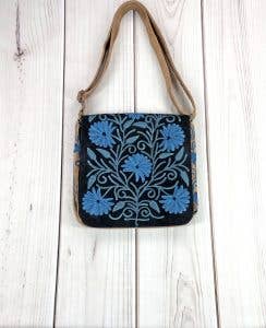 Rayz Intl - Vente Sac à bandoulière – femme - Sac messager brodé en daim noir et bleu fait main4