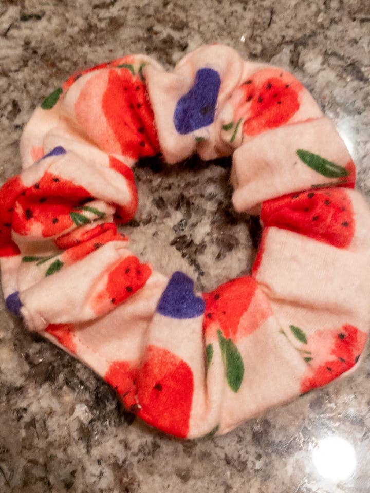 Strawberry and Blueberry Flannel Scrunchie for wholesale by Art By Vivian Rodarte